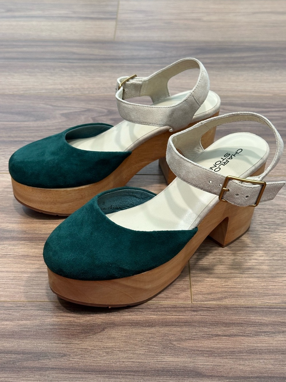 Charlotte Stone Sal Suede Platform Clog in Emerald Green/Cream Size 8